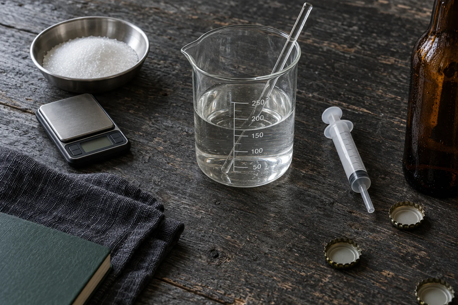 Sugar, a scale, a beaker and a dosing syringe ready for solution preparation