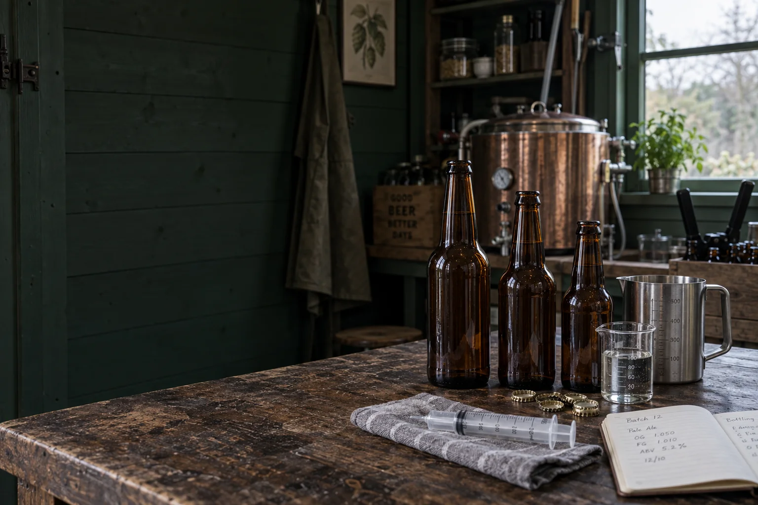 A homebrewing workshop with amber bottles, a kettle, dosing syringe and bottling notebook